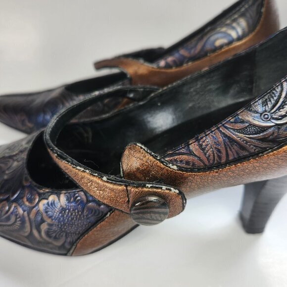 Art Effects Shoes Heels Size 7 Embossed Tooled Leather Look Square Toe 2 3/4" - Picture 12 of 13